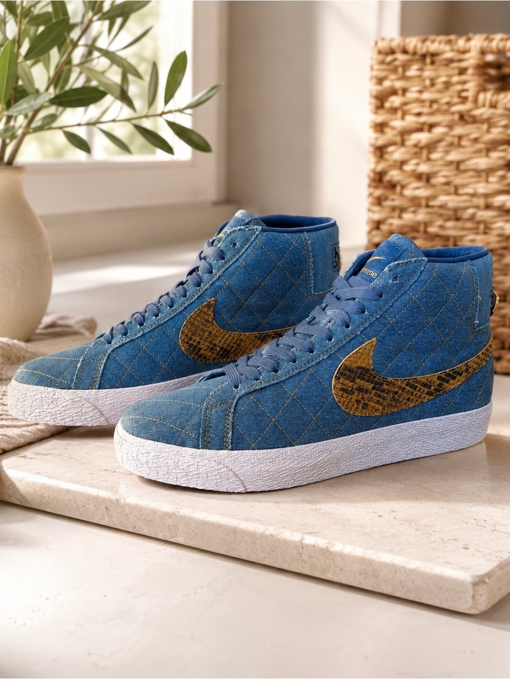 Supreme Quilted Blue High-Top Sneakers with Gold Swoosh